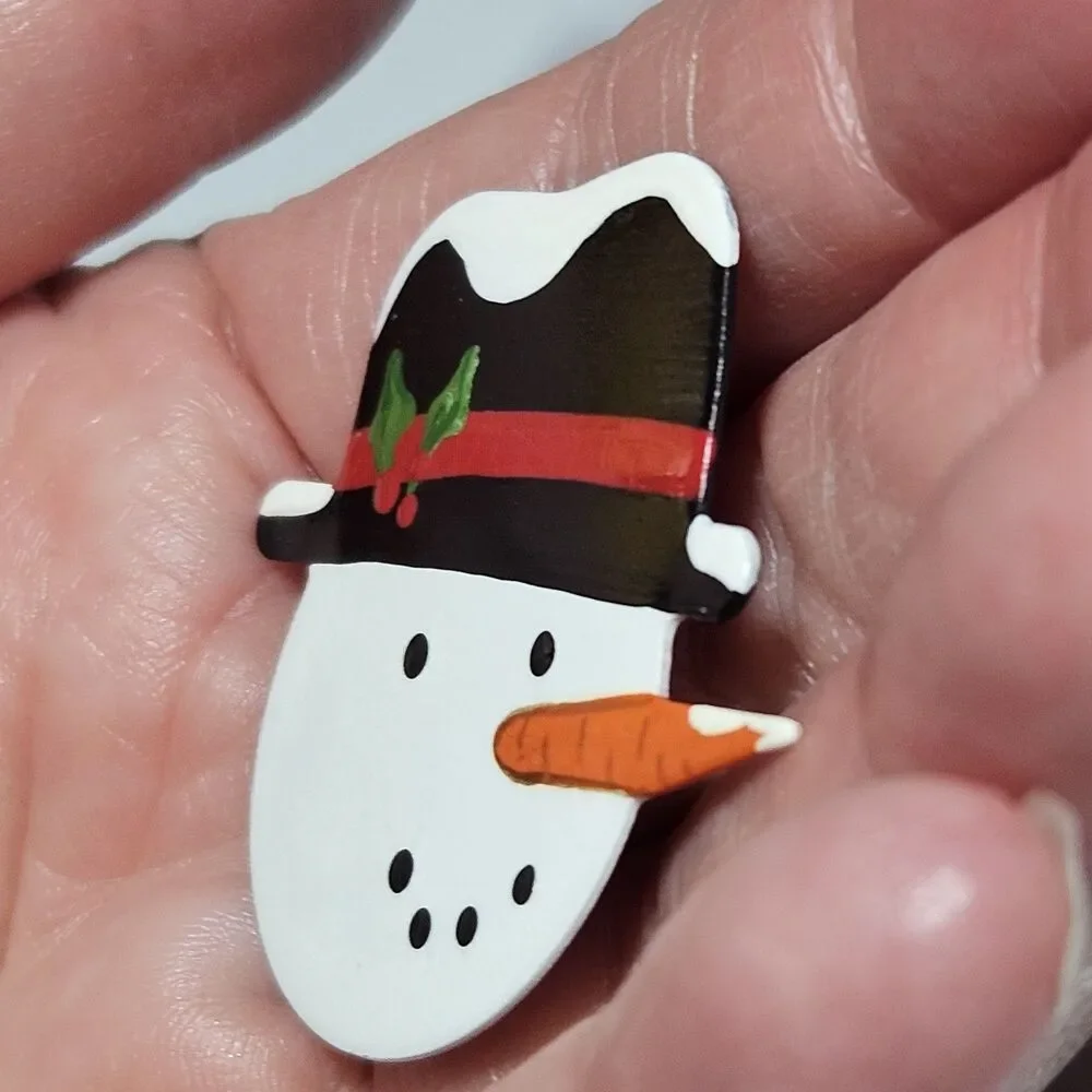 Signed Handmade Vintage Painted Metal Snowman Brooch